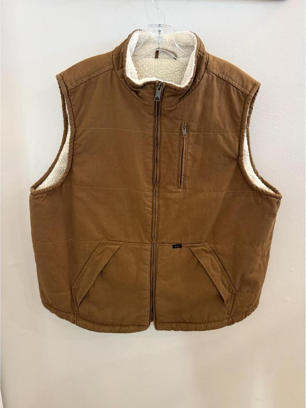 Lee Vest Mens Size XL Tobacco Brown Duck Canvas Sherpa Lining Zip Front Workwear